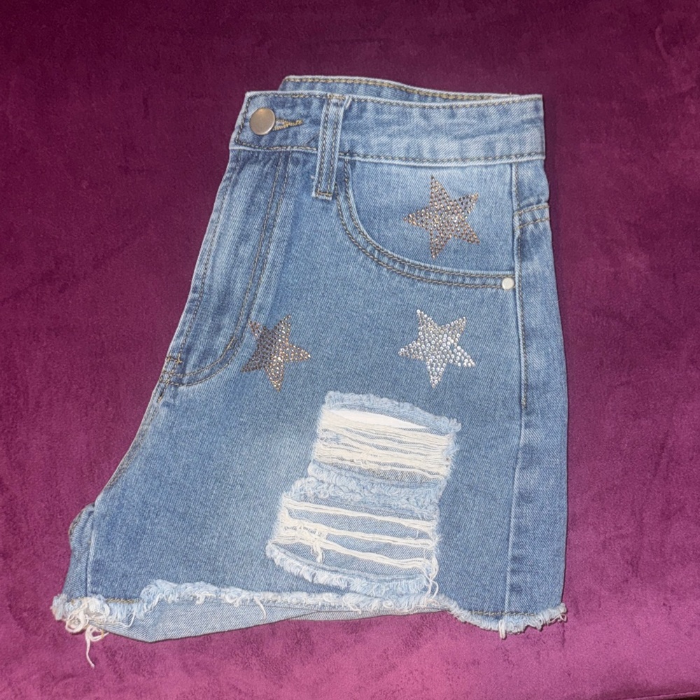 Denim Star-Embellished Women's Shorts Blue Jean Distressed Higheise Cutoff Small - Picture 4 of 11
